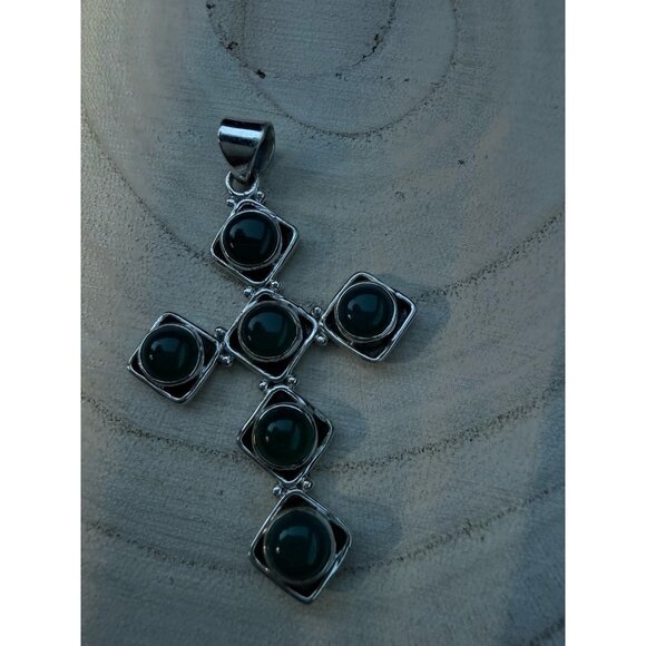 Artisan Sterling Silver Cross Pendant G Onyx  Cabochon Stones Religious Crucifix - Picture 6 of 10